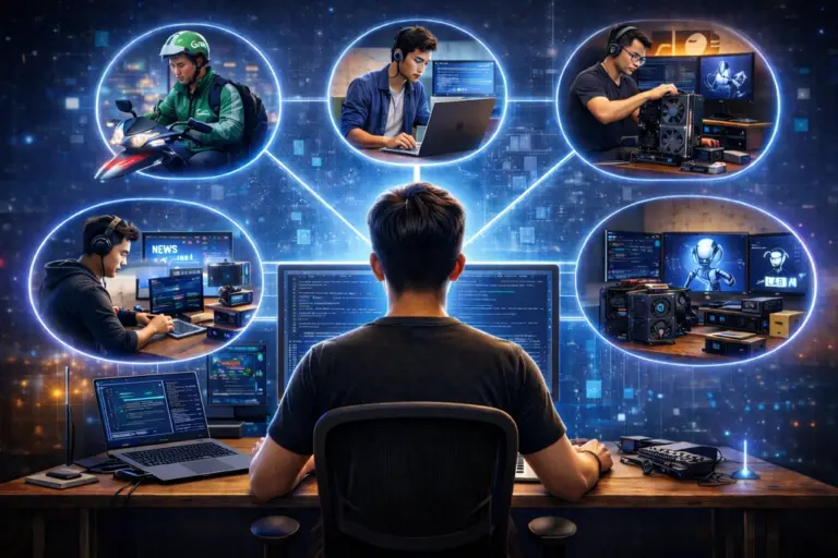 Minh họa cách lập trình viên thích nghi trong thời đại AI bùng nổ. Ảnh: ChatGPT