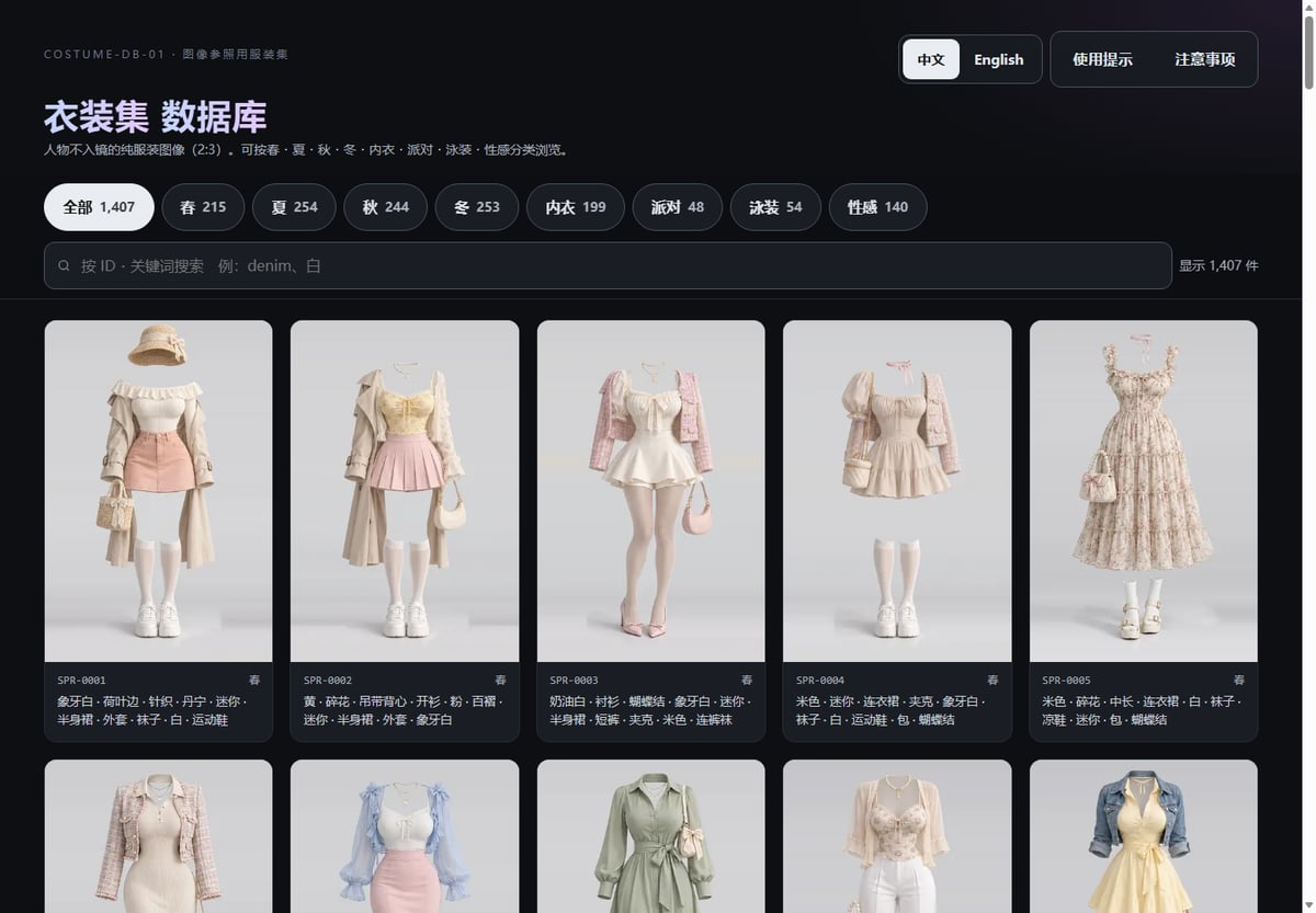 nvzhuang: 1407 ảnh AI服装 + thử đồ ảo, backend Go chạy được local - ảnh 1